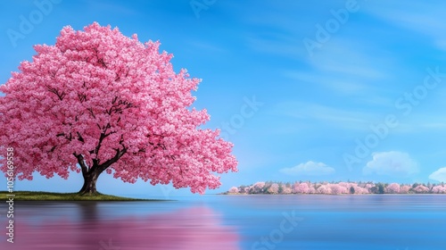 Serene Pink Blossom Tree by Calm Water