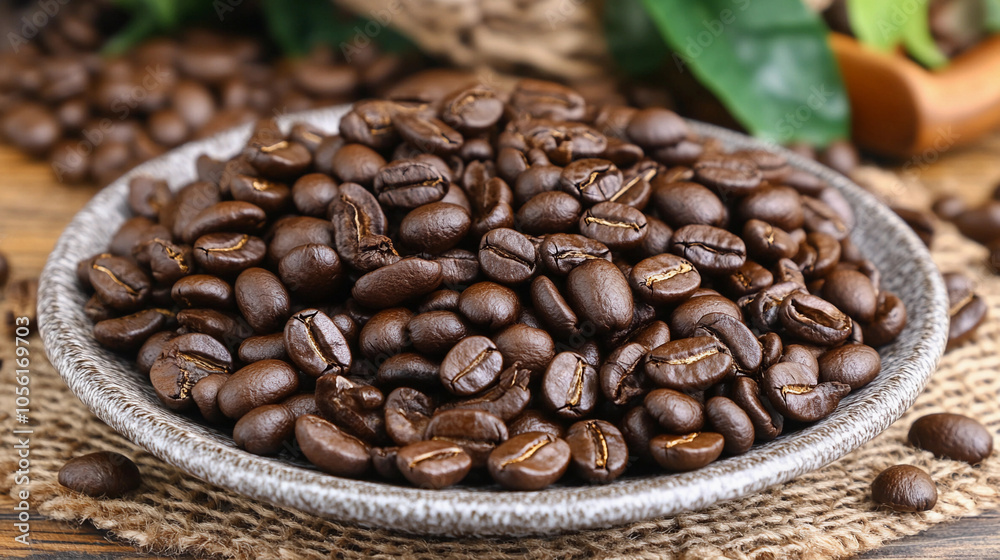 Fototapeta premium A close-up view of freshly roasted coffee beans arranged on a rustic plate
