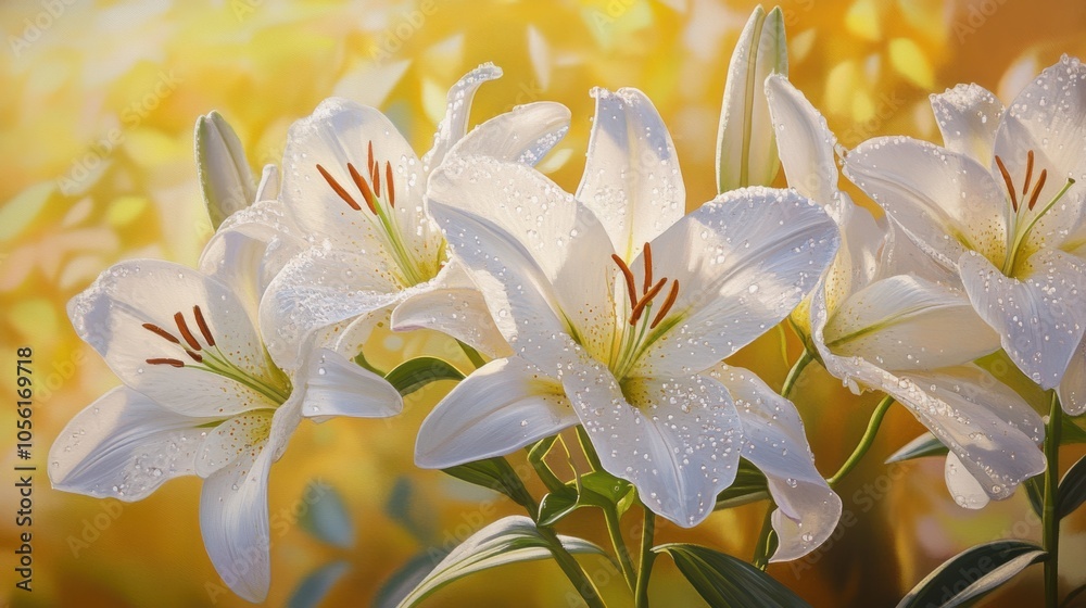 Obraz premium A realistic and detailed shot of blooming white lilies with glistening dew