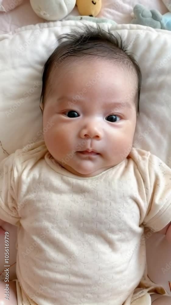 Cute baby lying on a cozy bed, looking up with curiosity. Cute baby lying on a cozy bed, looking up with curiosity.