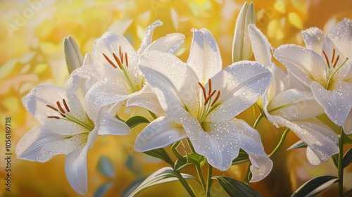 A realistic and detailed shot of blooming white lilies with glistening dew