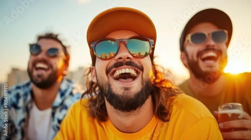 Friends laugh heartily while outdoors at sunset, experiencing fun, freedom, and carefree joy, emphasizing the wonder and vibrancy of youthful companionship.