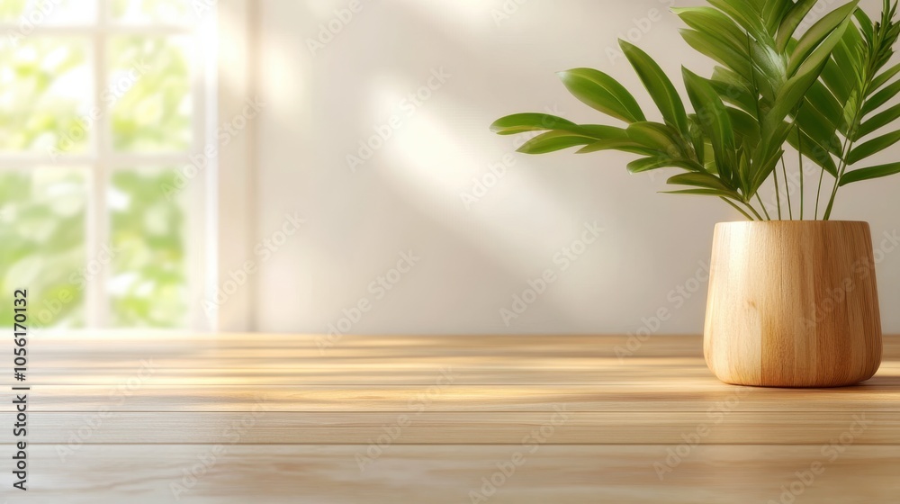 A simple, elegant setup featuring a small, green-leafed plant in a wooden pot, beautifully placed on a sunlit wooden table by a window, evoking serenity and peace. A simple, elegant setup featuring a small, green-leafed plant in a wooden pot, beautifully placed on a sunlit wooden table by a window, evoking serenity and peace.