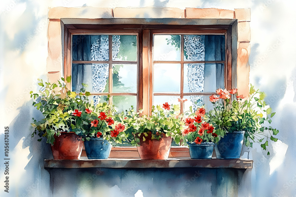 A charming window adorned with vibrant flower pots, creating a serene and inviting atmosphere. A charming window adorned with vibrant flower pots, creating a serene and inviting atmosphere.