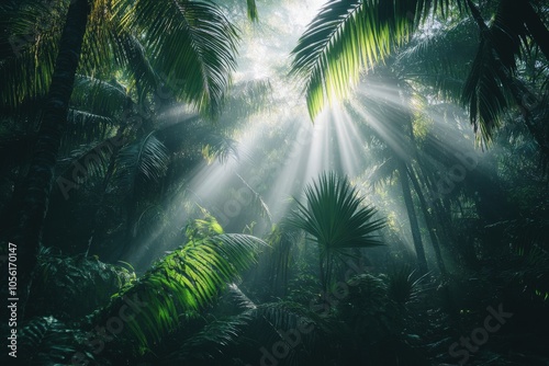 Sunbeams Piercing Through a Dense Tropical Jungle