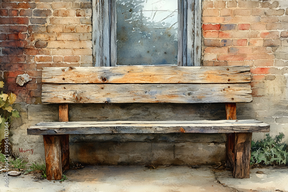 Fototapeta premium A rustic wooden bench sits against a weathered brick wall, exuding charm and inviting relaxation in a serene outdoor setting.