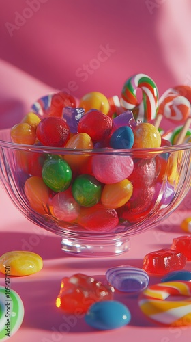 A bowl of candy, filled with colorful candies and lollipops, in the style of detailed character design