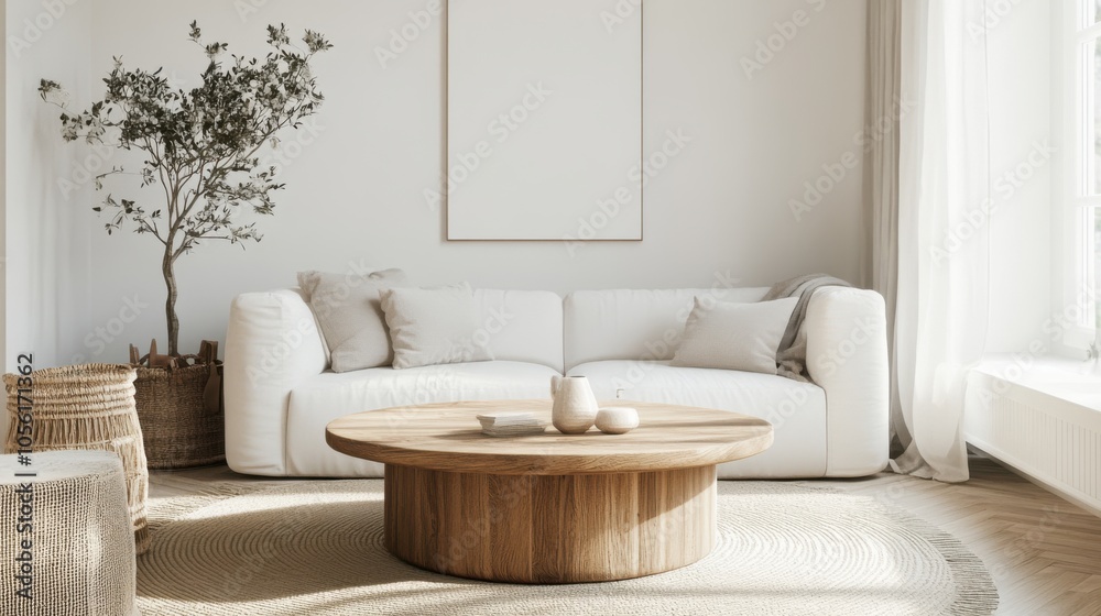 Fototapeta premium A stylish Scandinavian living room with a round wood coffee table placed