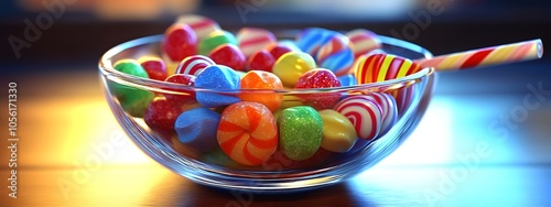 A bowl of candy, filled with colorful candies and lollipops, in the style of detailed character design