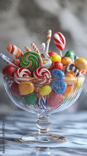 A bowl of candy, filled with colorful candies and lollipops, in the style of detailed character design