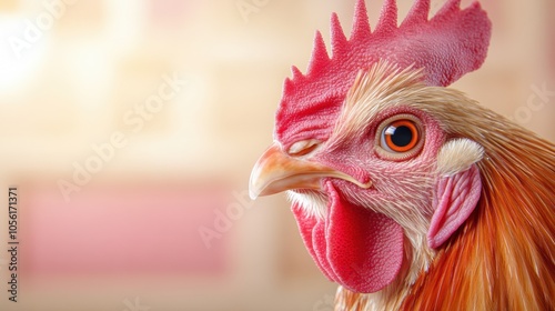 Close-up of a rooster with vibrant plumage and a striking red comb, AI photo