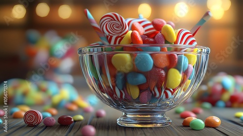 A bowl of candy, filled with colorful candies and lollipops, in the style of detailed character design