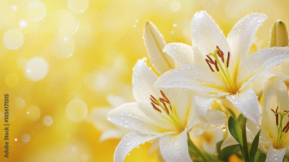 A vibrant and fresh image of white lilies with water droplets, A vibrant and fresh image of white lilies with water droplets,