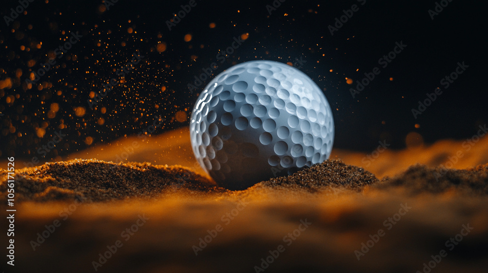 A close-up view of a golf ball resting on sand, illuminated by dramatic lighting effects