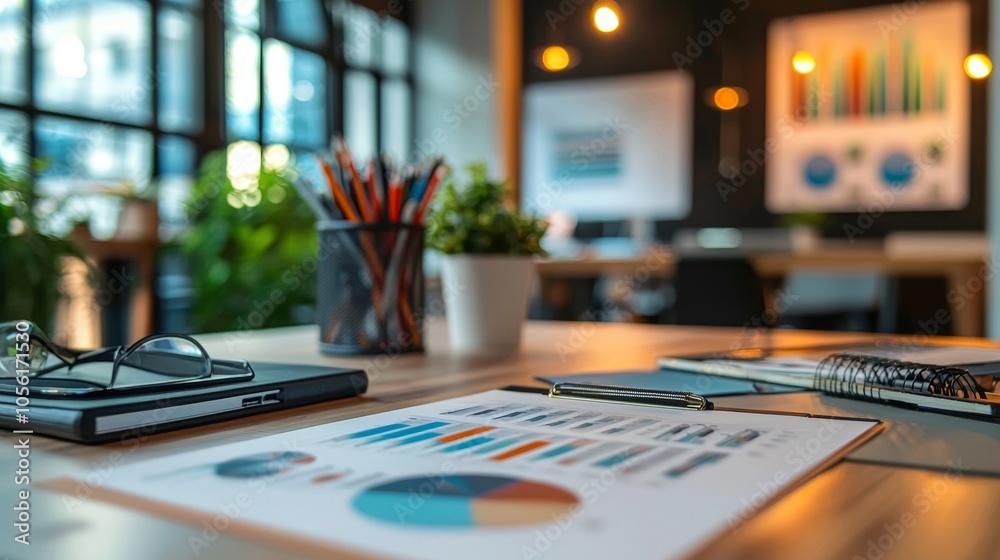 Office desk with charts and graphs in a modern workspace Office desk with charts and graphs in a modern workspace