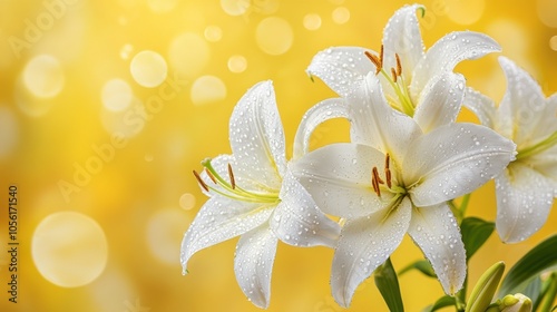 A vibrant and fresh image of white lilies with water droplets,