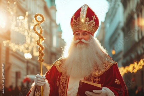 Saint Nicholas, dressed as a bishop in red and gold with a long white beard, carries a golden staff that ends in a golden spiral and a book of good and bad deeds, for traditional Czech holiday photo