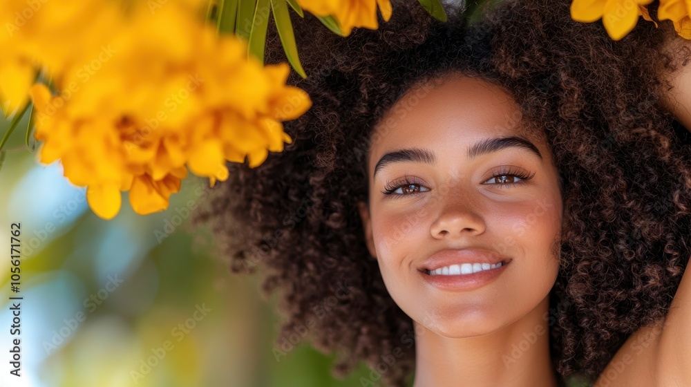 A joyful woman smiles brightly under a canopy of yellow flowers, immersing in nature's beauty. Her radiant expression symbolizes happiness and vitality in life. A joyful woman smiles brightly under a canopy of yellow flowers, immersing in nature's beauty. Her radiant expression symbolizes happiness and vitality in life.