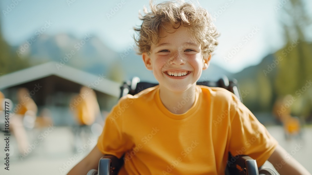 A joyful young boy with curly hair, wearing a bright yellow shirt, smiles broadly while enjoying a sunny day outside in a wheelchair, surrounded by blurred scenery. A joyful young boy with curly hair, wearing a bright yellow shirt, smiles broadly while enjoying a sunny day outside in a wheelchair, surrounded by blurred scenery.