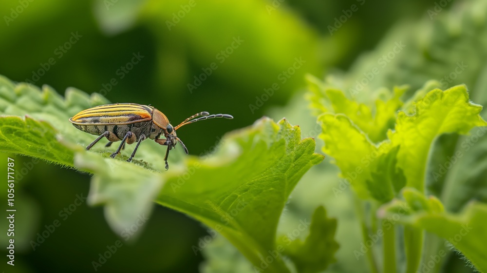 Beetle yellow black striped macro photograph green leaf natural daylight Beetle yellow black striped macro photograph green leaf natural daylight