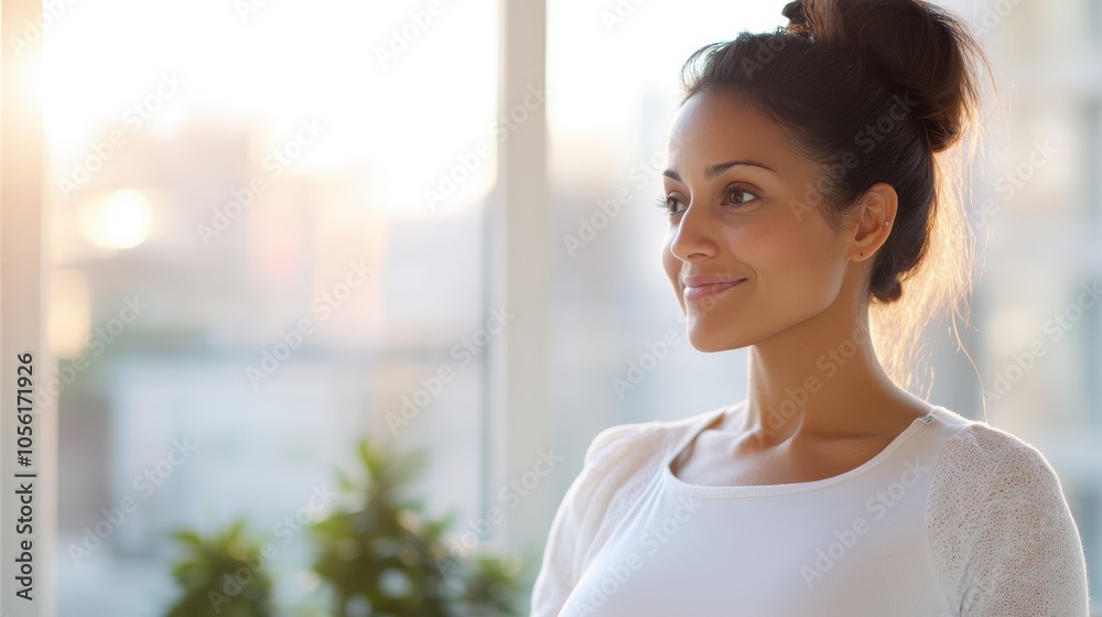 A thoughtful pregnant woman standing by a sunlit window, casting a peaceful gaze outside, embodies hope, contemplation, and the joy of motherhood's journey ahead. A thoughtful pregnant woman standing by a sunlit window, casting a peaceful gaze outside, embodies hope, contemplation, and the joy of motherhood's journey ahead.
