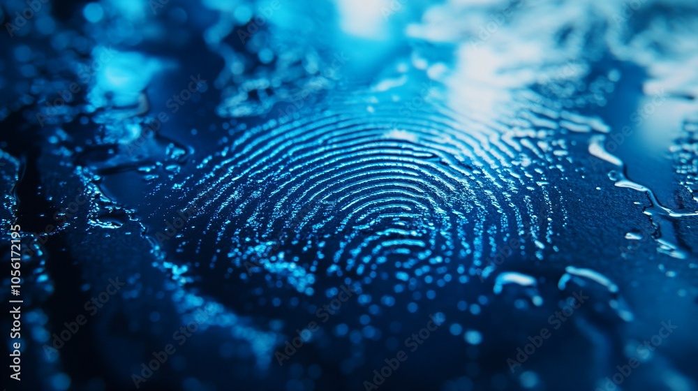 Digital fingerprint on glass surface in soft blue light. Concept of security and identification in technology Digital fingerprint on glass surface in soft blue light. Concept of security and identification in technology