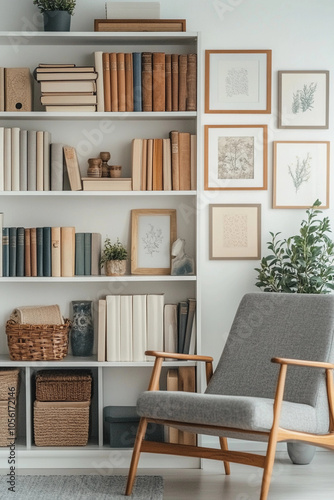 Cozy living room corner with a neatly organized bookshelf and a comfortable armchair