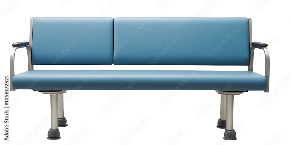 Classic blue waiting room bench PNG with a sturdy frame and comfortable cushions, perfect for public spaces, healthcare facilities, or transportation hubs. Ideal for interior design, healthcare, or p