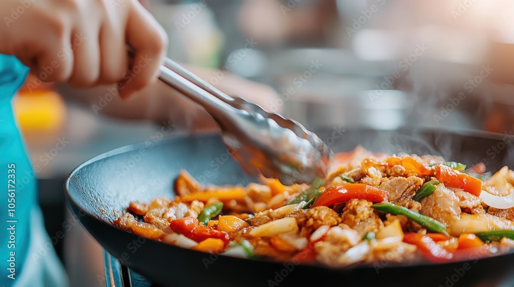 A colorful and aromatic stir-fry dish is cooked in a wok, featuring a mix of fresh vegetables and meat, capturing the essence of Asian culinary art. A colorful and aromatic stir-fry dish is cooked in a wok, featuring a mix of fresh vegetables and meat, capturing the essence of Asian culinary art.