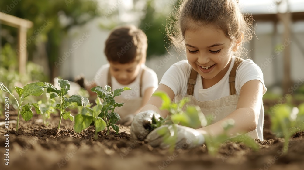 Two children are happily working in a garden, tending to small plants with care, showcasing teamwork and an appreciation for nature and the outdoors. Two children are happily working in a garden, tending to small plants with care, showcasing teamwork and an appreciation for nature and the outdoors.