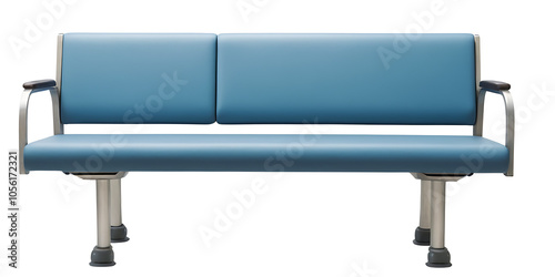 Classic blue waiting room bench PNG with a sturdy frame and comfortable cushions, perfect for public spaces, healthcare facilities, or transportation hubs.  Ideal for interior design, healthcare, or p