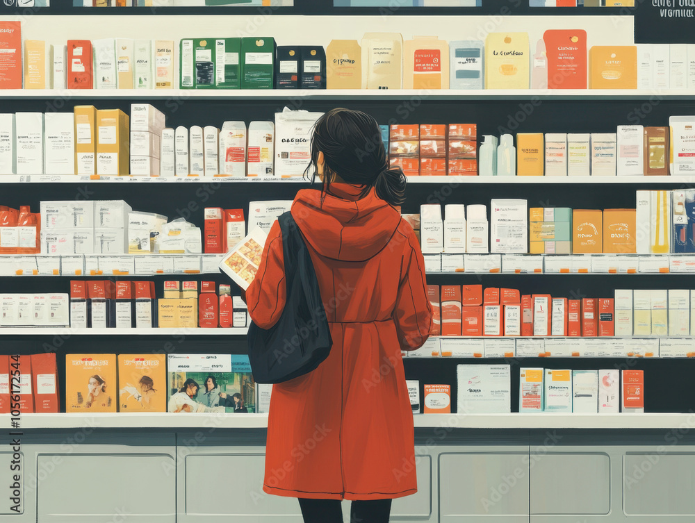 A person in a red coat examines product shelves in a pharmacy or health store, surrounded by various brightly packaged items. A person in a red coat examines product shelves in a pharmacy or health store, surrounded by various brightly packaged items.