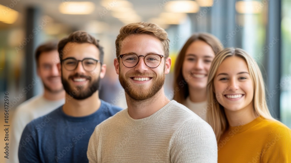 This image portrays a group of friends lined up in a bright hallway, exuding joy and camaraderie, with each displaying a cheerful disposition in a modern environment. This image portrays a group of friends lined up in a bright hallway, exuding joy and camaraderie, with each displaying a cheerful disposition in a modern environment.