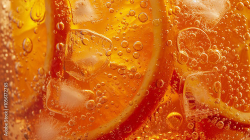 Refreshing citrus drink with ice and bubbles on a sunny day in a glass