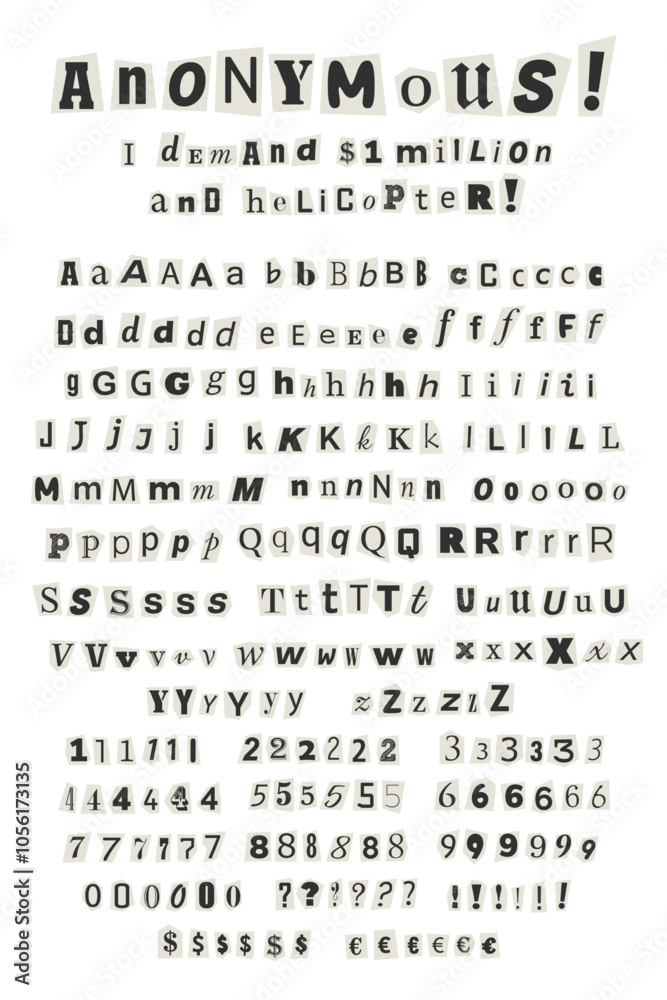 Anonymous criminal letters cut from newspapers and magazines. Cut out ransom vector letters alphabet. Black and white Blackmail or ransom kidnapper anonymous note font. Vector illustration.