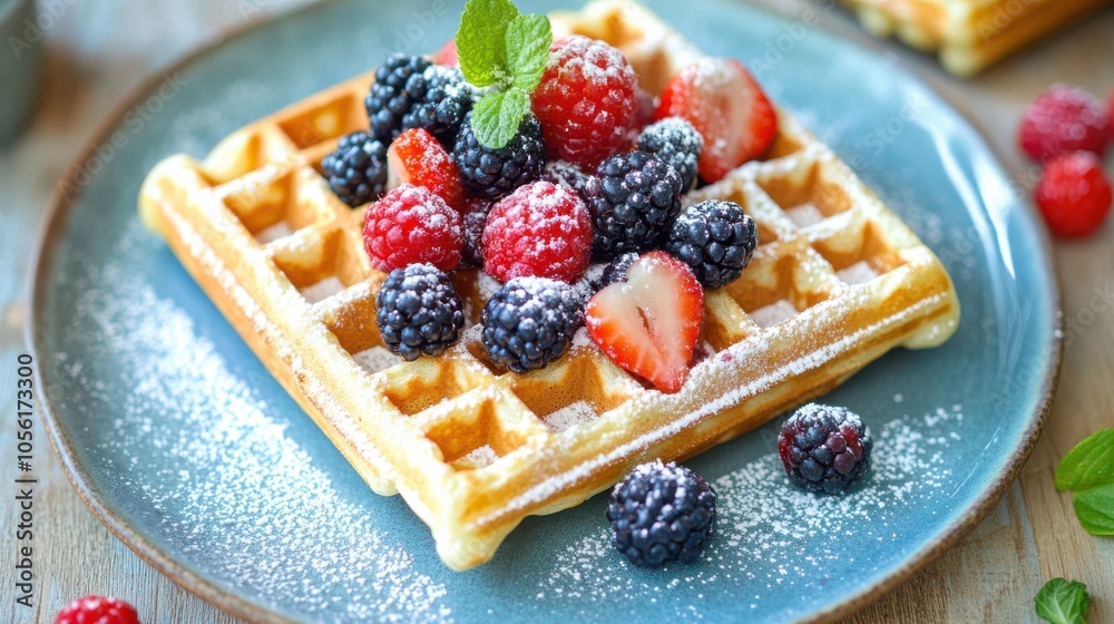 Belgian waffles topped with mixed berries and a dusting of powdered sugar Belgian waffles topped with mixed berries and a dusting of powdered sugar