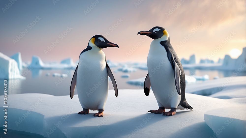 Fototapeta premium Two penguins nestled close together, leaning their heads against each other affectionately on a pristine icy landscape