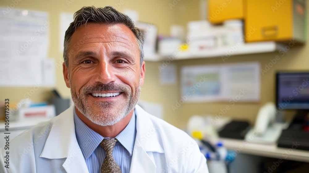 A middle-aged man with gray hair smiles confidently in his office, dressed in a white coat and tie, creating a warm, professional atmosphere that invites trust. A middle-aged man with gray hair smiles confidently in his office, dressed in a white coat and tie, creating a warm, professional atmosphere that invites trust.