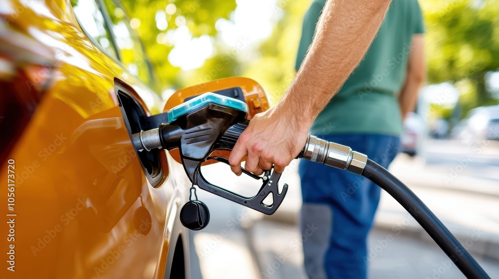 Close-up of a hand refueling an orange car at a gas station, representing travel, mobility, and the routine of daily transportation amidst a vibrant surrounding. Close-up of a hand refueling an orange car at a gas station, representing travel, mobility, and the routine of daily transportation amidst a vibrant surrounding.
