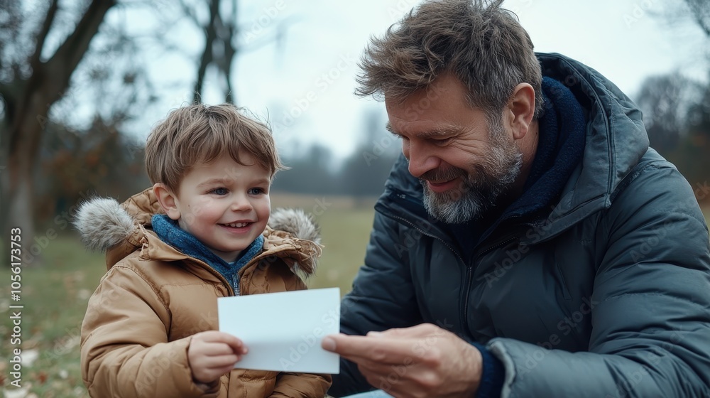 A heartfelt moment is captured as a father shows his smiling young son a photograph, sharing a touching and intimate family bonding experience on a chilly autumn day. A heartfelt moment is captured as a father shows his smiling young son a photograph, sharing a touching and intimate family bonding experience on a chilly autumn day.