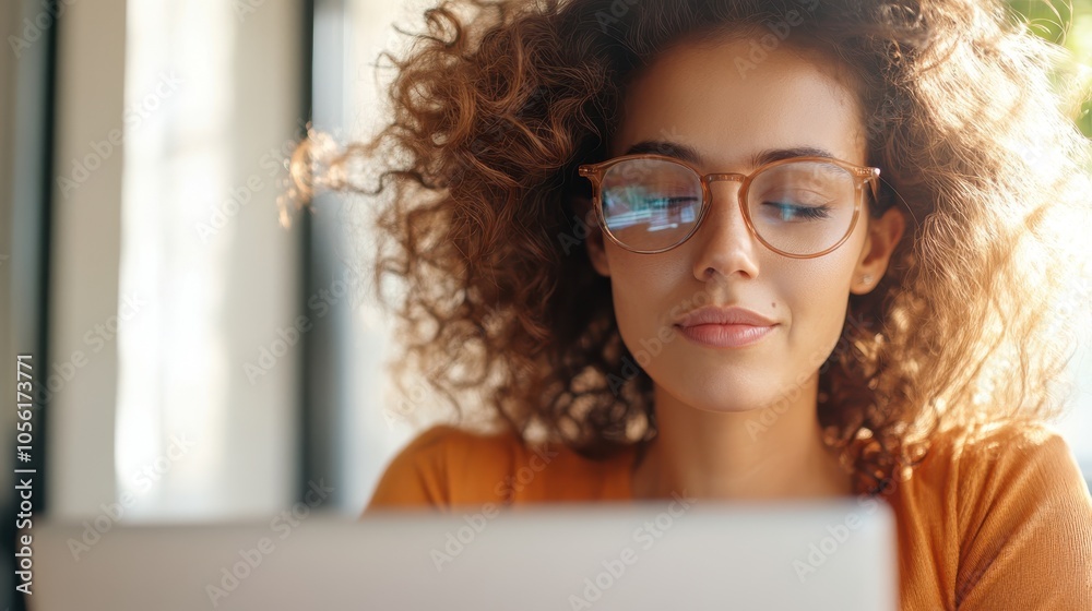 A young woman with curly hair works on her laptop, exuding calm and focus in a home setting, showcasing a serene and productive atmosphere, embracing modern technology.