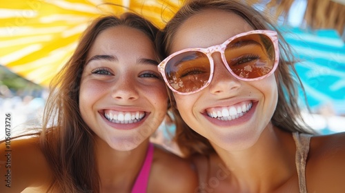 Two cheerful women pose under a colorful beach umbrella, smiling radiantly as they enjoy a sunny day, celebrating friendship and carefree moments under the sun.