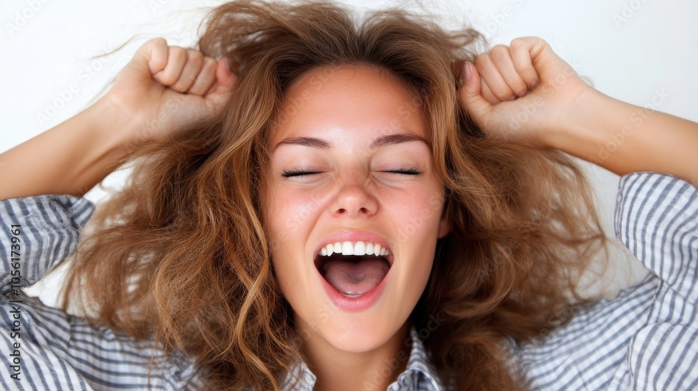 A joyful woman exhibits a lively expression with her hands raised, embodying happiness and positivity, set against a neutral background in a lively manner. A joyful woman exhibits a lively expression with her hands raised, embodying happiness and positivity, set against a neutral background in a lively manner.