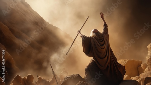 In the wilderness, Moses raises his staff high as he strikes the rock, demonstrating God's power and providing water for the Israelites during their challenging journey