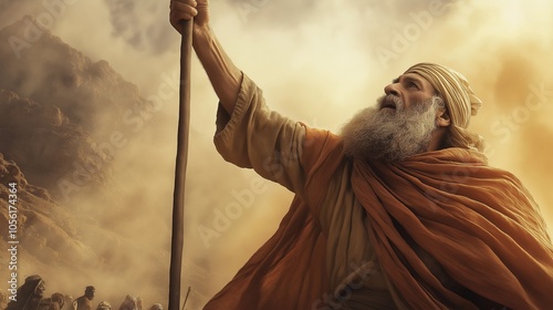 Moses stands in the desert with his staff raised, striking a rock to draw water for the thirsty Israelites, amidst a backdrop of dusty mountains and a dramatic sky