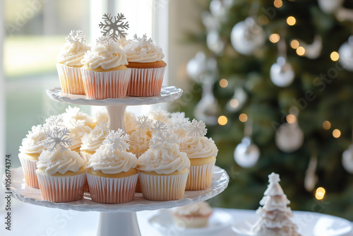 tiered cupcake stand filled with beautifully decorated cupcakes topped with white frosting and snowflakes, holiday dessert display photo