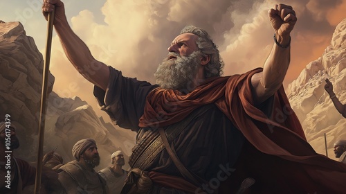 Moses stands with his staff raised, striking the rock as water flows, providing sustenance to the Israelites in the desert wilderness during their Exodus