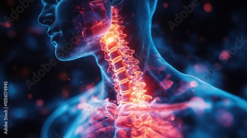 X-ray of human neck and cervical spine, red glowing inflammation indicating pain or injury, medical anatomy, spinal health, orthopedic healthcare, futuristic technology, science and diagnostics photo