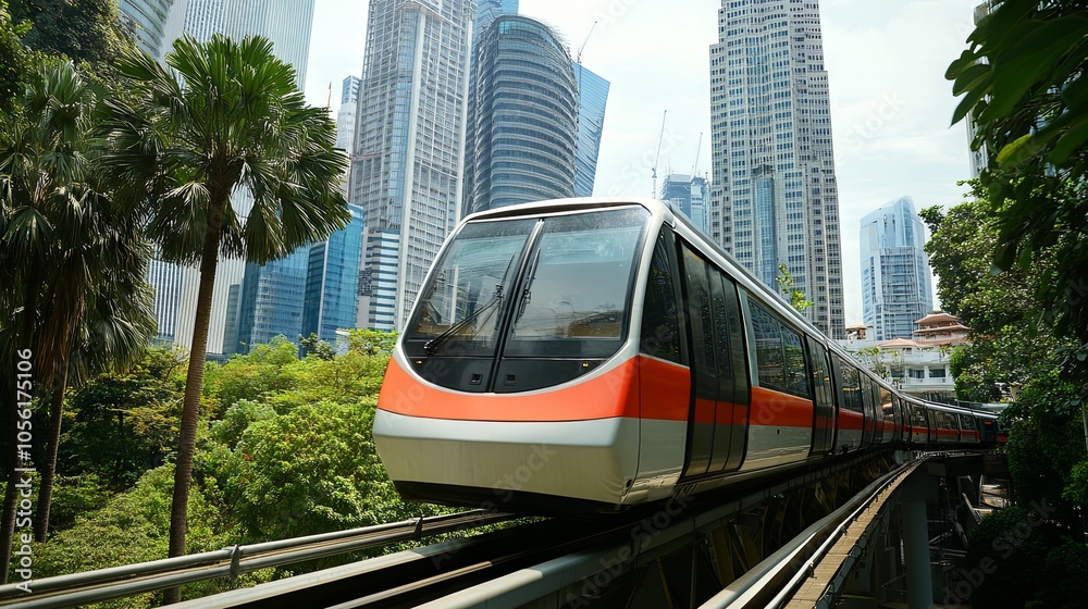 Obraz premium Modern Train in Urban Landscape: Elevated Transportation in a Cityscape