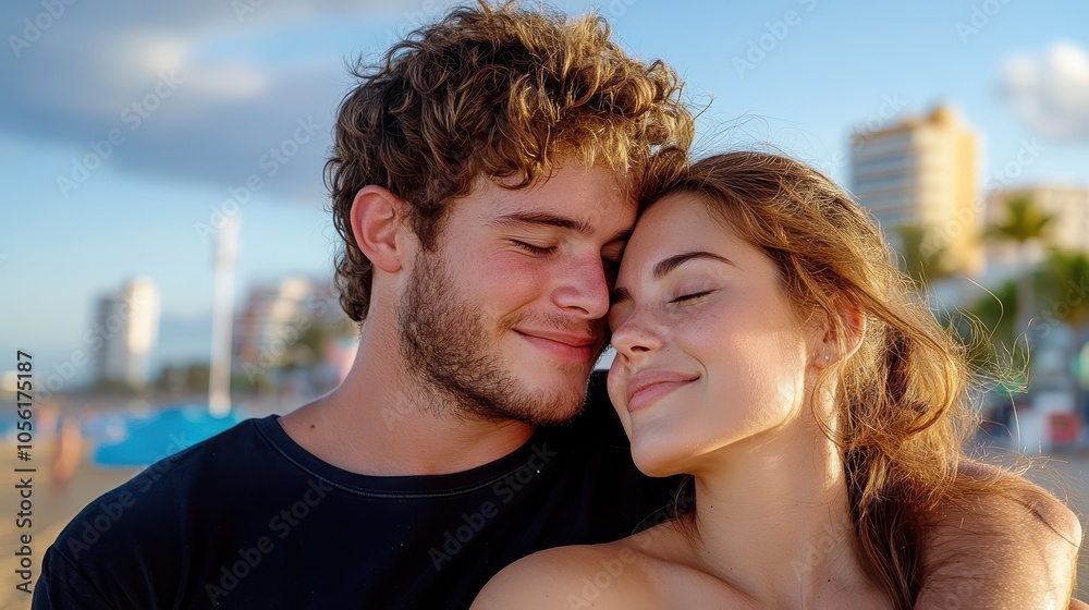 A joyful couple cuddles close while enjoying the sun at a scenic beach, capturing a moment of love and happiness amidst a picturesque coastal backdrop. A joyful couple cuddles close while enjoying the sun at a scenic beach, capturing a moment of love and happiness amidst a picturesque coastal backdrop.